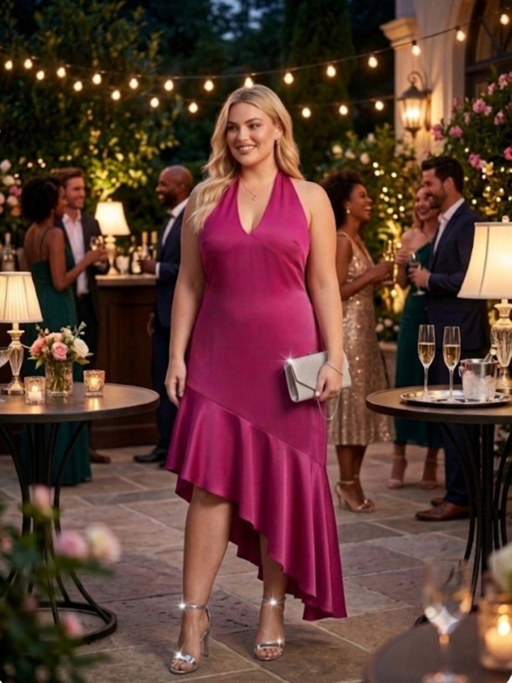 👠NWT Peppermayo Hot Pink Halter Neckline Asemetrical Ruffle Dress
